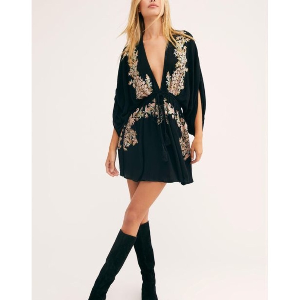 Free People Black Mini Dress with Gold Embroidered Floral Detail